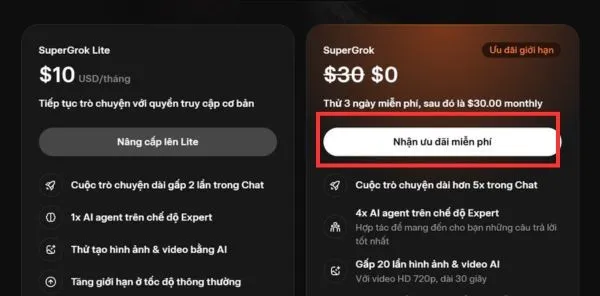 Chọn gói SuperGrok trial
